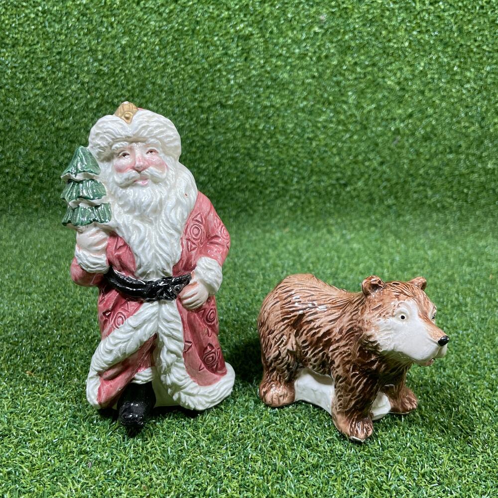 Vintage 1990 Christmas Fitz and Floyd Russian Santa and Bear Salt Pepper Shaker